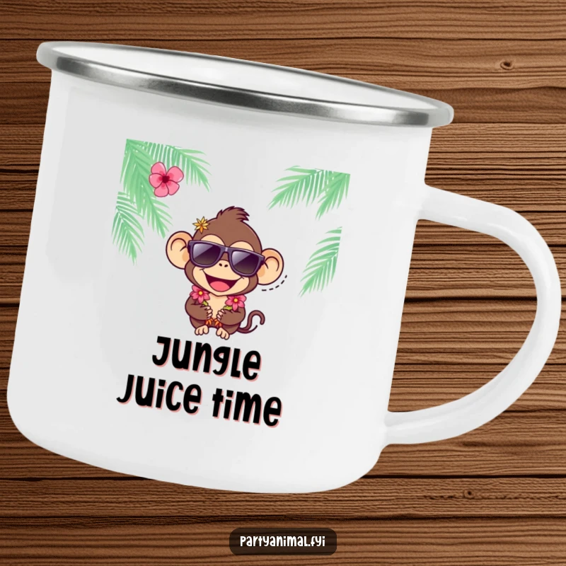 Funny joyful monkey character wearing sunglasses and a lei on a durable camping mug, ideal for tropical enthusiasts.
