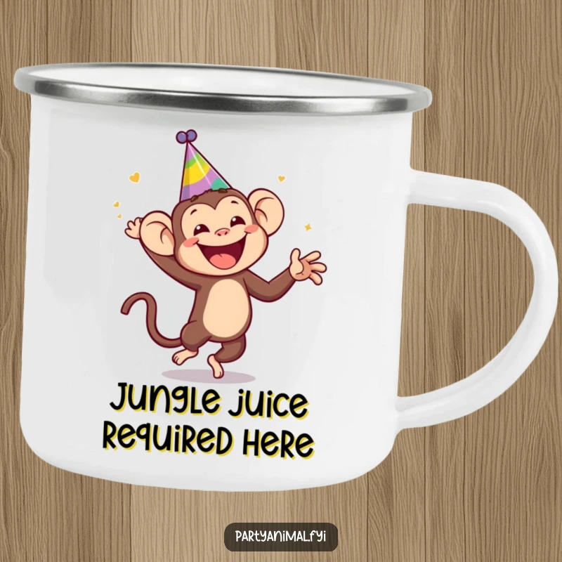 Funny monkey wearing a silly party hat, dancing wildly on a camping mug, ideal for outdoor adventures and adding humor to your drink, a funny gift.