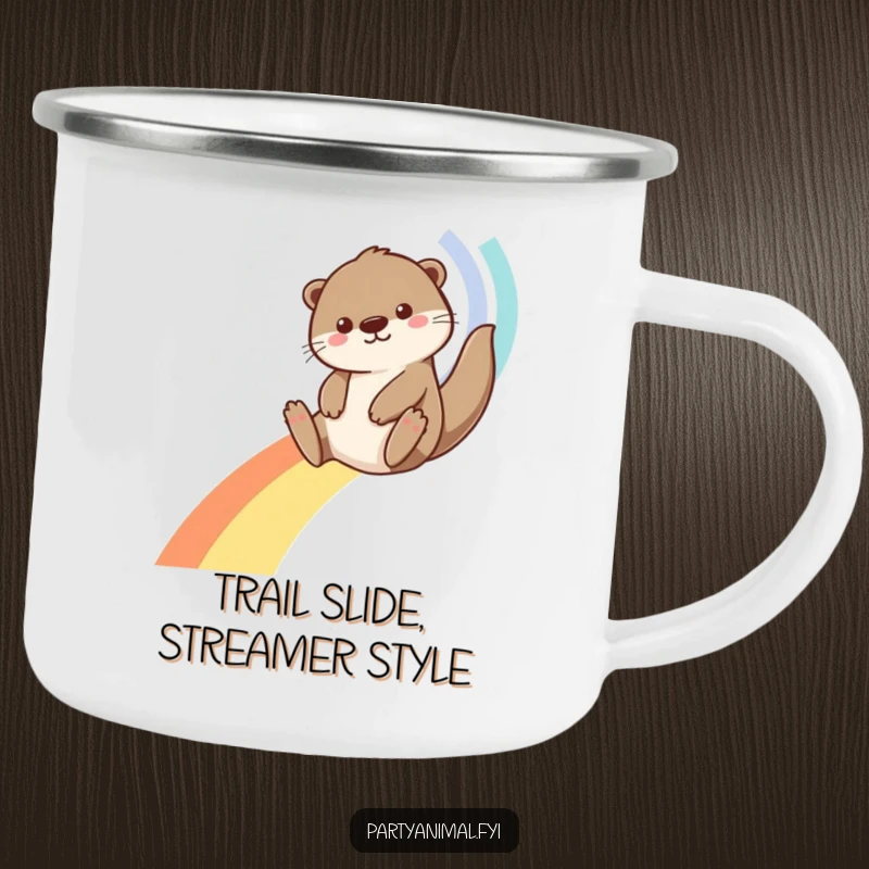 Funny Otter Camping Mug: A playful otter slides down a vibrant streamer rainbow, perfect for enjoying drinks on outdoor adventures.