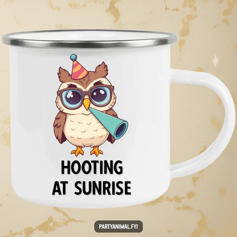 Funny Owl Glasses Party Horn Camping Mug: A smiling owl with large glasses blows a party horn, perfect for outdoor celebrations and festive sips.