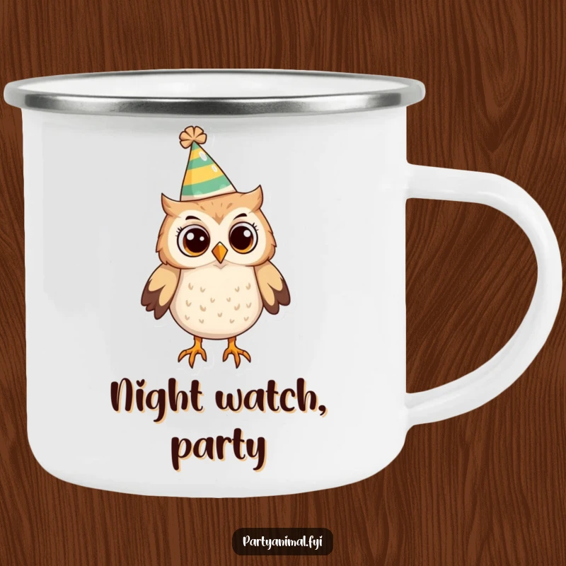Funny Owl Camping Mug: A curious owl wearing a funny party hat looks around, perfect for enjoying beverages on nature explorations.