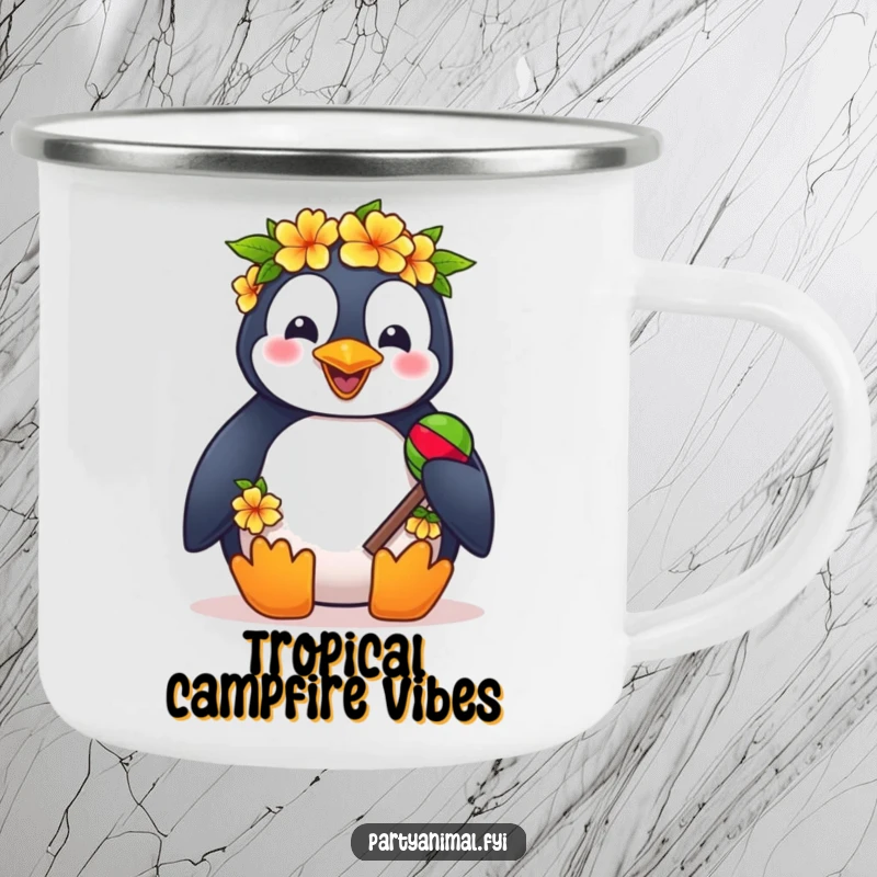 Funny enamel camping mug featuring a penguin wearing a lei and shaking maracas, ideal for tropical outdoor adventures.