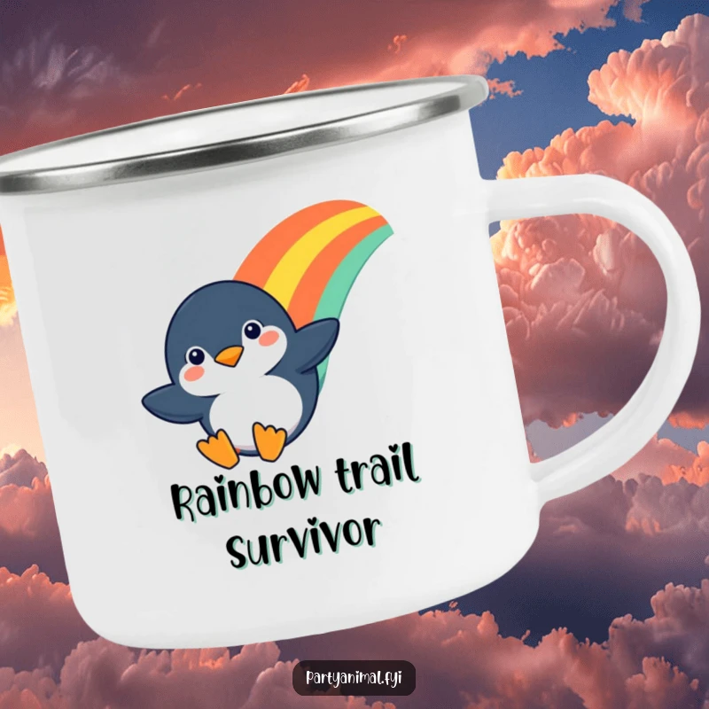 Funny camping mug displaying a determined penguin character sliding down a rainbow, perfect for adding cheer to any outdoor adventure.