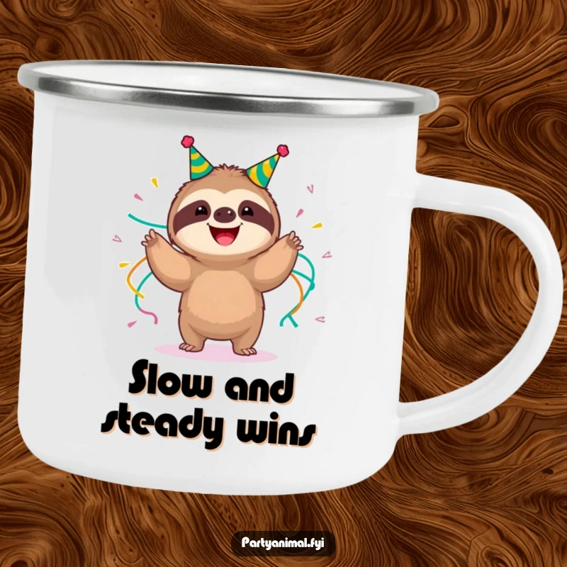 Funny happy sloth wearing party streamers, slow-motion shimmying on a camping mug, ideal for outdoor relaxation and adding humor, a funny gift.