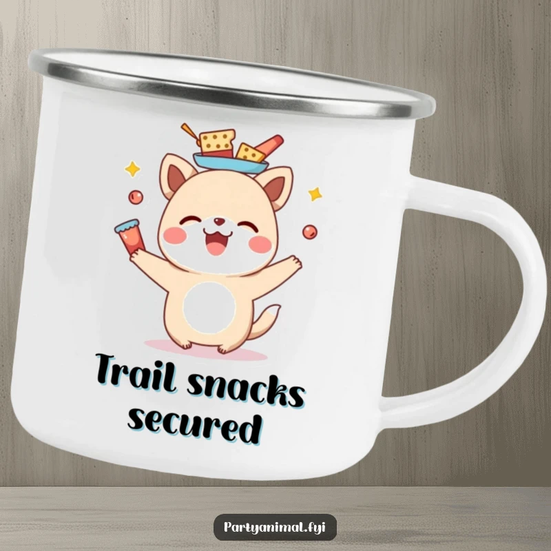 Funny animal character balancing snacks on its head during an outdoor adventure, perfect for campfire snacks and smiles.