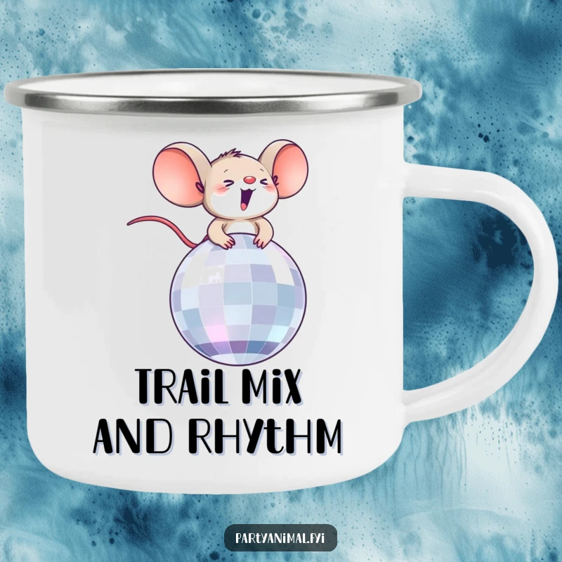 Funny camping mug featuring a tiny, overjoyed mouse character riding a disco ball, perfect for outdoor fun and laughter.