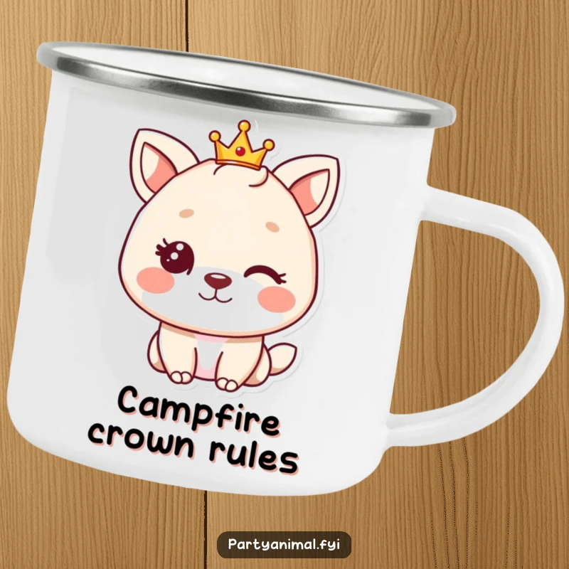 Funny animal character winking and adorned with a mini crown, perfect for sipping beverages during outdoor royal adventures.
