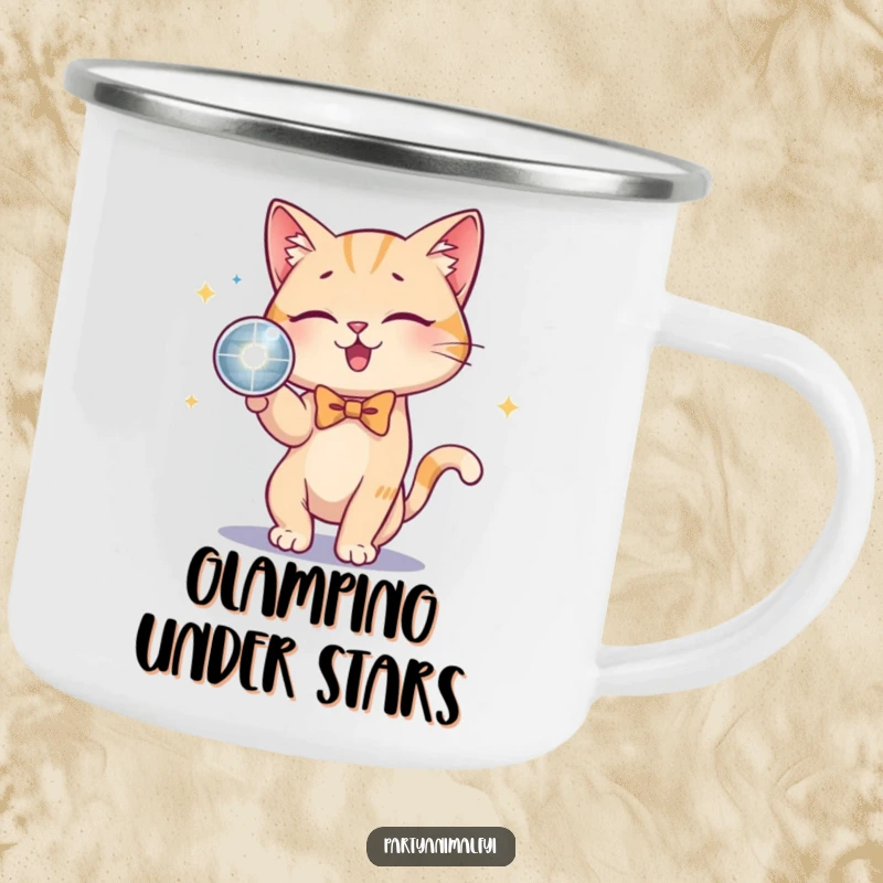 Funny Cat Bow Tie Disco Ball Camping Mug: A playful cat in a bow tie bats at a shiny disco ball, perfect for stylish outdoor sipping.