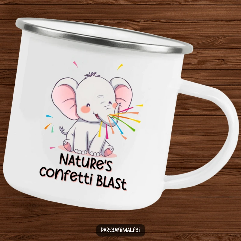 Funny Kawaii Elephant Camping Mug: Cute elephant spraying streamers, ideal for outdoor parties and festive fun.