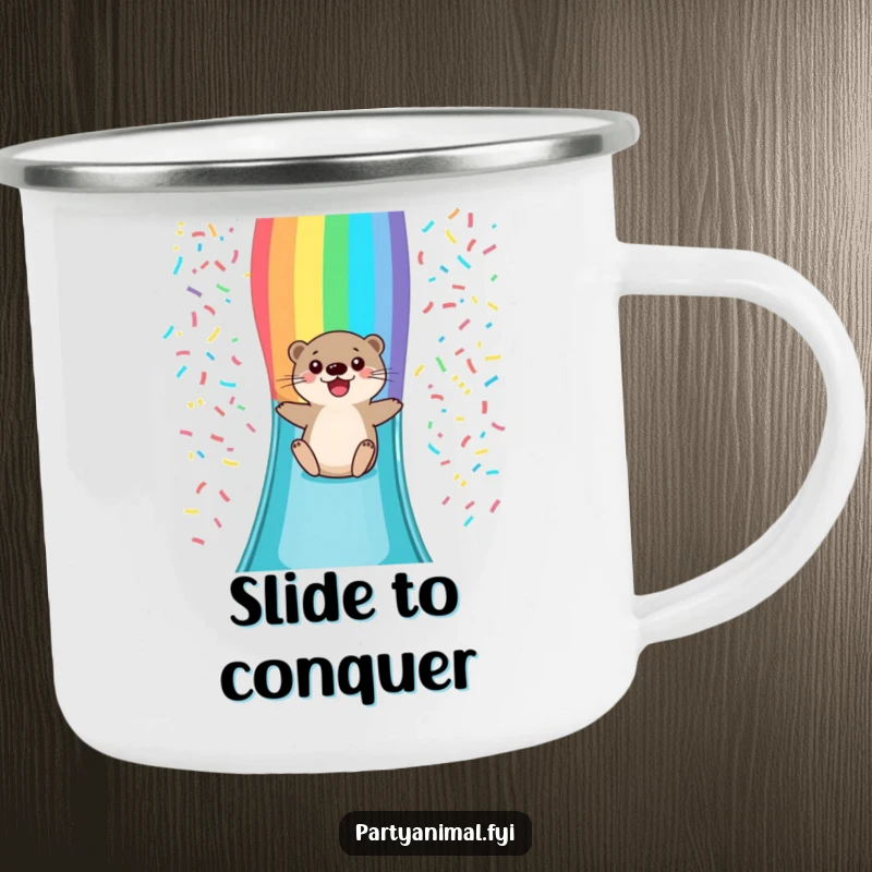 Funny camping mug featuring a happy otter character sliding down a vivid rainbow confetti slide, perfect for outdoor adventures and good times.