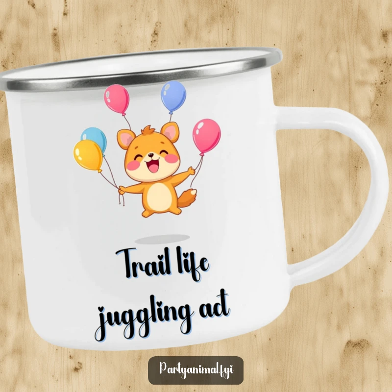 Funny Camping Mug: A cute animal character juggles colorful balloons with a wide smile, ready for adventure.