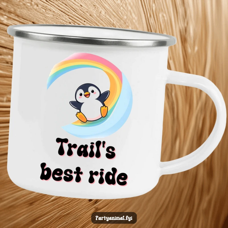 Funny Kawaii Penguin Camping Mug: Cute penguin sliding down a rainbow, ideal for outdoor fun and laughs.
