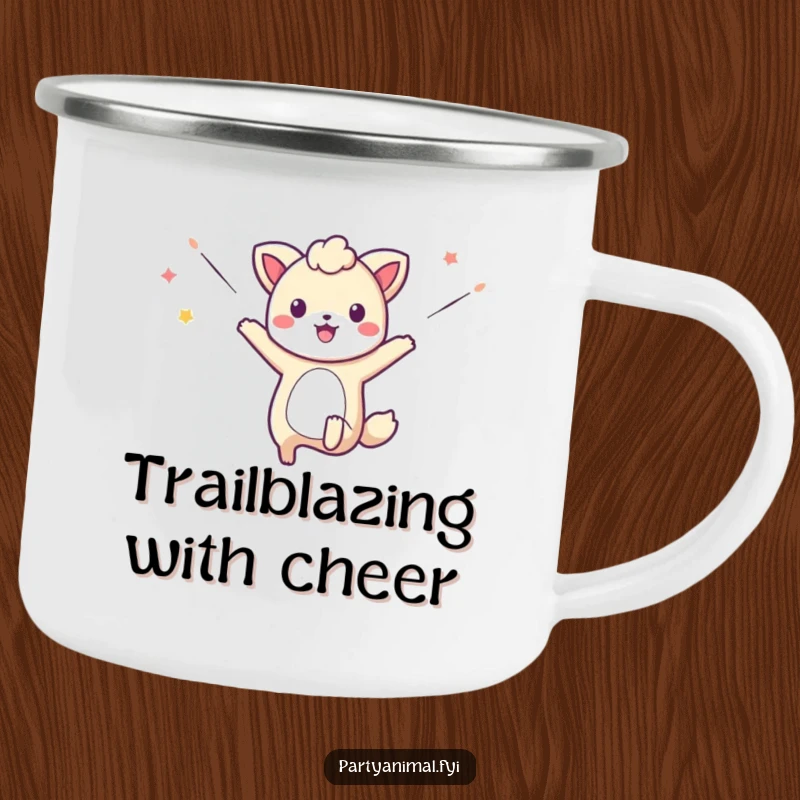 Funny camping mug with a jumping animal character surrounded by festive streamers, designed for outdoor fun and humor.