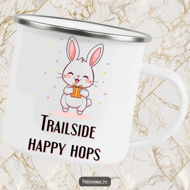 Funny Camping Mug depicting a bouncing bunny surrounded by confetti and holding a small gift.
