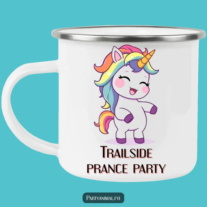 Funny Unicorn Camping Mug: Giggling Rainbow Mane Character's Silly Dance Adventure