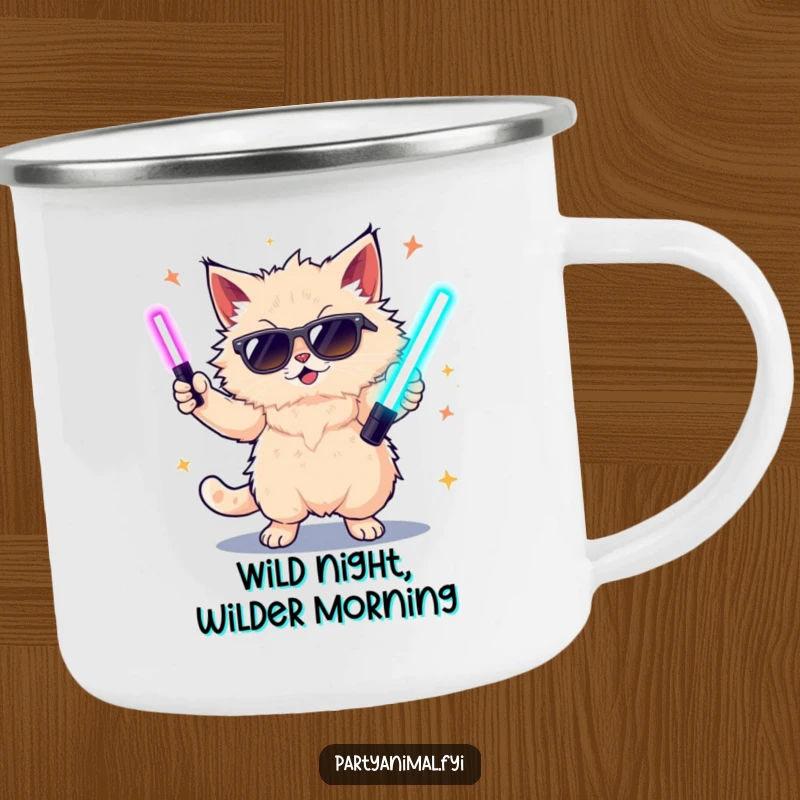 Funny enamel camping mug featuring a cat in sunglasses dancing with glow sticks, ideal for outdoor rave enthusiasts.