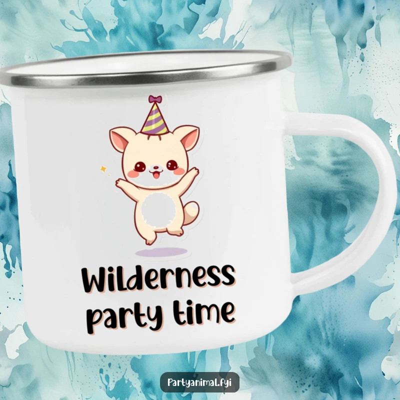 Funny Camping Mug: A cute animal character dancing in a party hat, perfect for outdoor celebrations and spreading festive cheer.