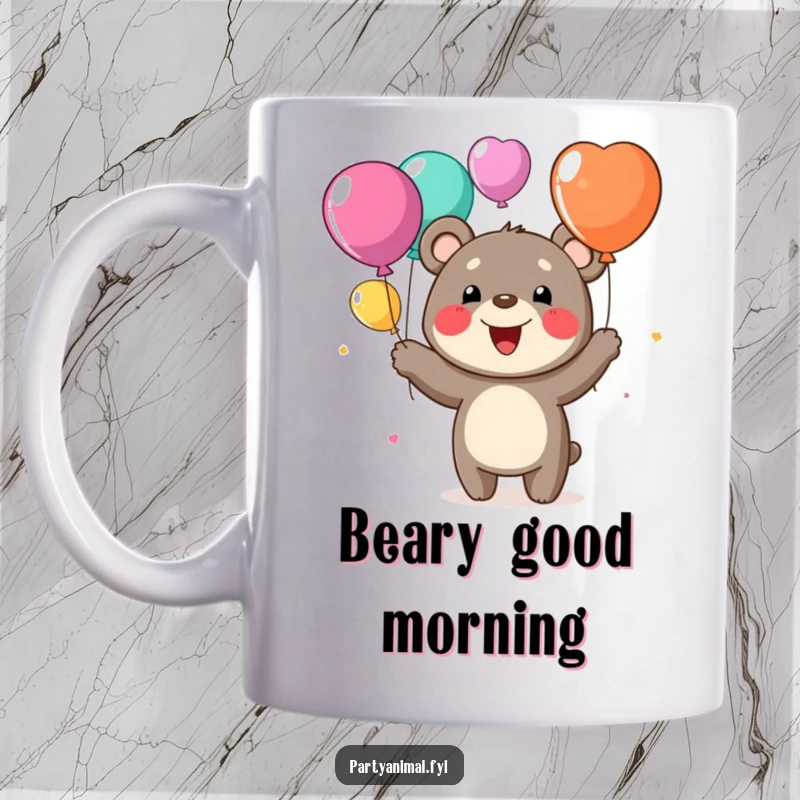 Funny mug showing a cheerful bear character with a wide grin, expertly juggling colorful balloons, radiating happiness and fun.