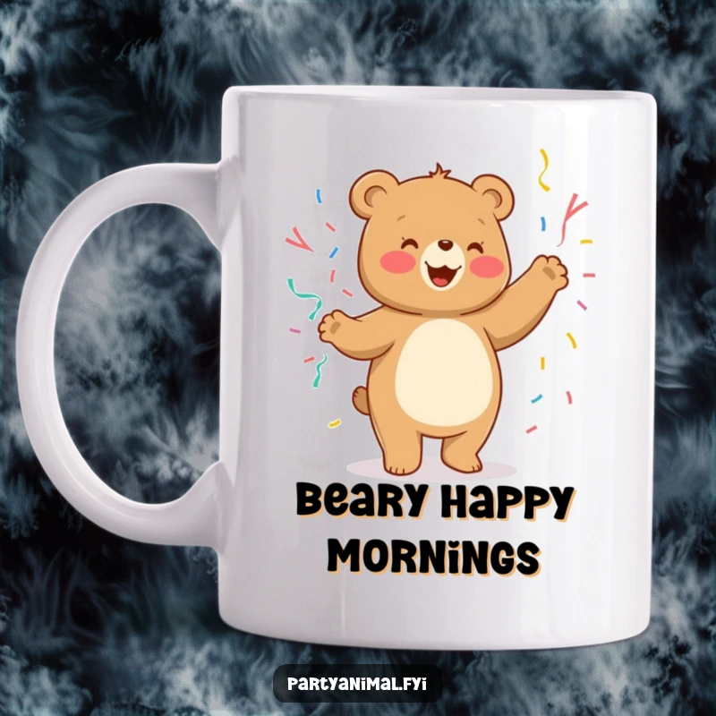 Funny Mug featuring a cheerful bear character joyfully dancing with colorful streamers.