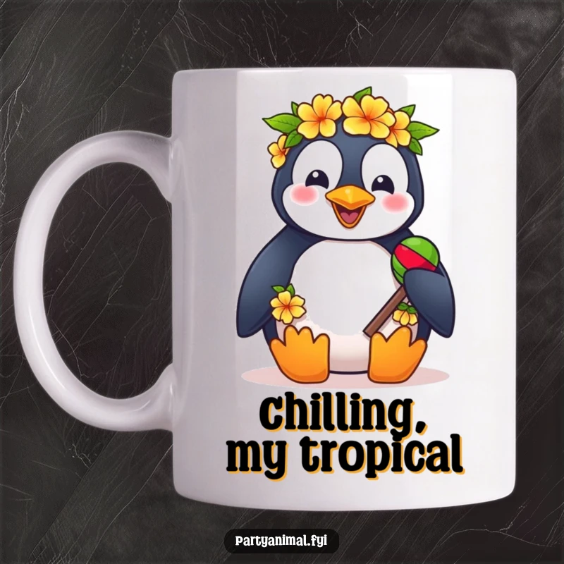 Funny mug featuring a happy penguin wearing a colorful lei and shaking maracas, embodying tropical party cheer.