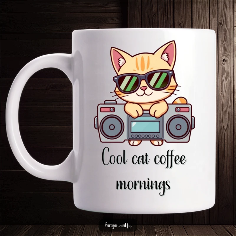 Funny mug featuring a sunglasses-wearing cat striking a cool pose atop a retro boombox, exuding feline swagger and musicality.