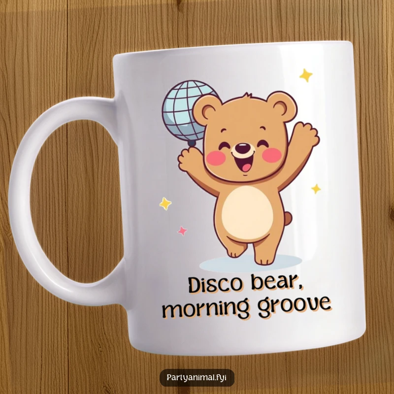 Funny mug featuring a joyful bear character energetically dancing with a sparkling, spinning disco ball, capturing pure party bliss.