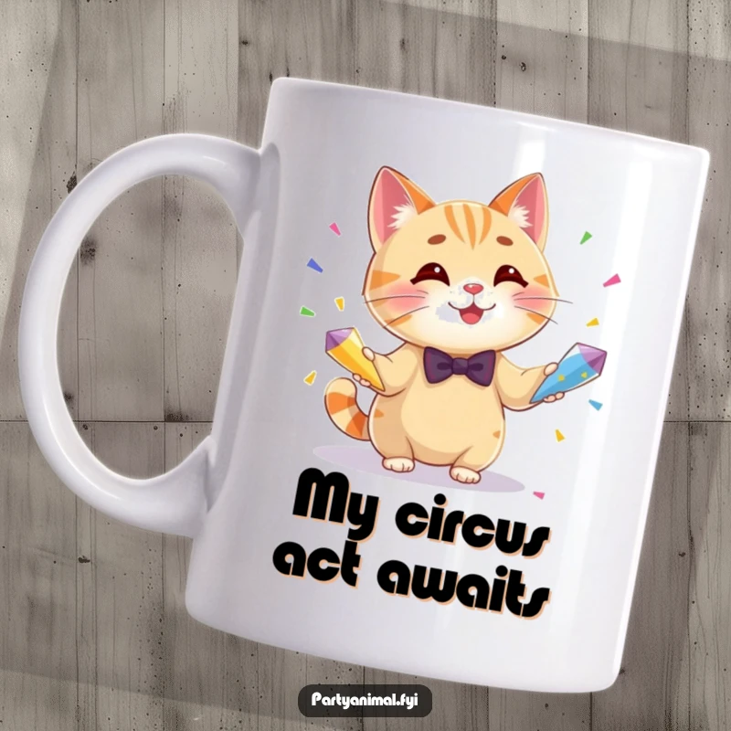 Funny cat mug showing a dapper cat in a bow tie skillfully juggling colorful confetti cones with a joyful expression.