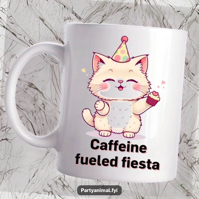 Funny Mug featuring a fluffy cat in a party hat, skillfully juggling small cupcakes with a smile.