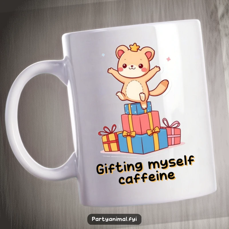 Funny animal character energetically dancing on a stack of colorful gift presents on a mug, exuding pure celebration and joy.