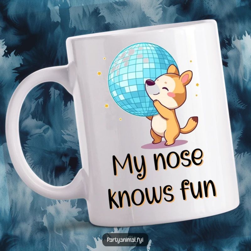 Funny Mug: An animal character playfully bounces a massive, reflective disco ball using only its nose.