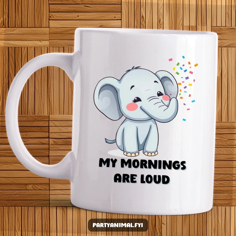 Funny mug featuring a cheerful elephant with its trunk spraying a vibrant stream of colorful confetti, spreading happiness.