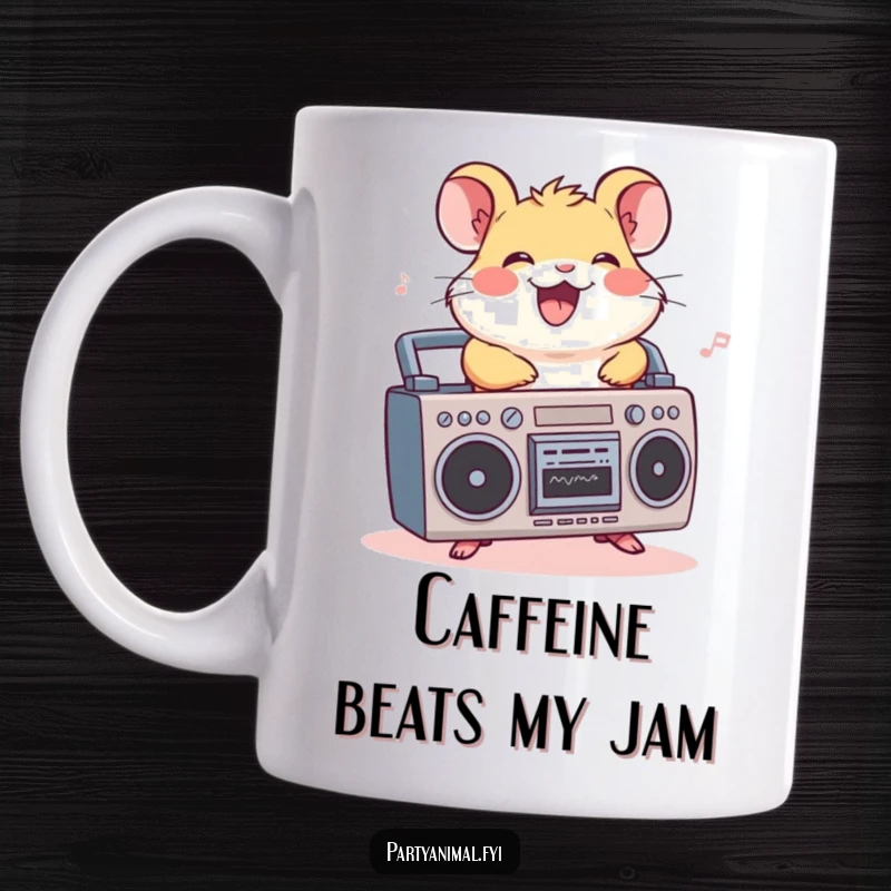 Funny hamster mug, a cheerful character riding a miniature boombox, grooving to music, spreading upbeat vibes, a perfect funny gift.