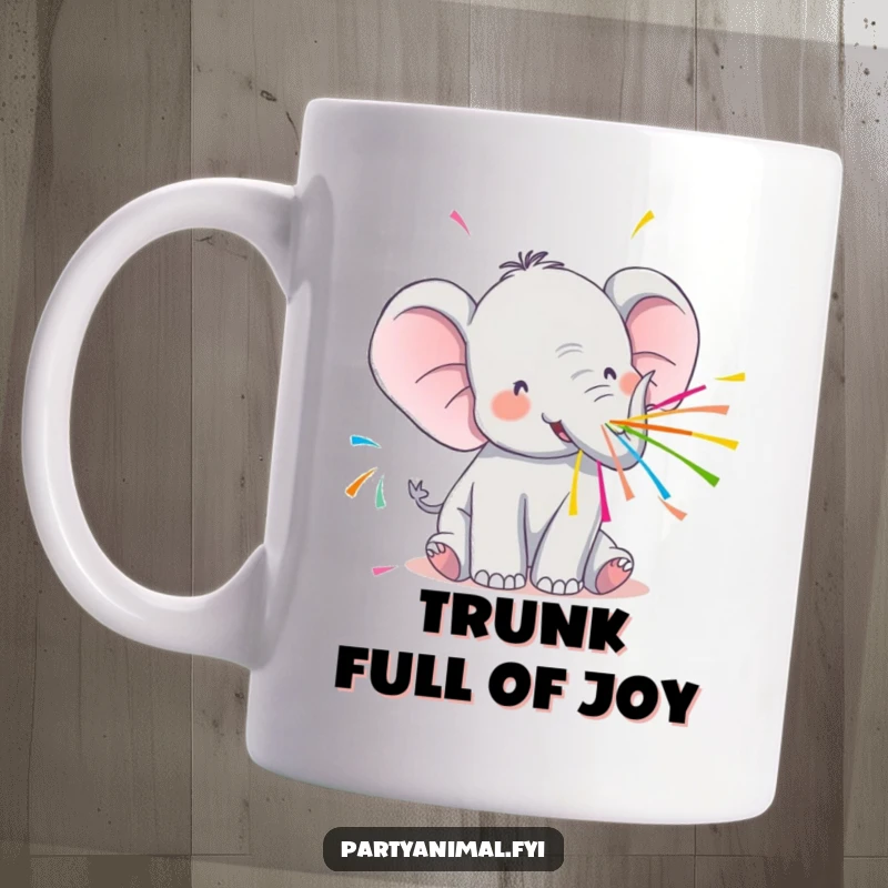 Funny Kawaii Elephant Mug: Cute elephant playfully spraying colorful streamers from its trunk, embodying pure party joy.