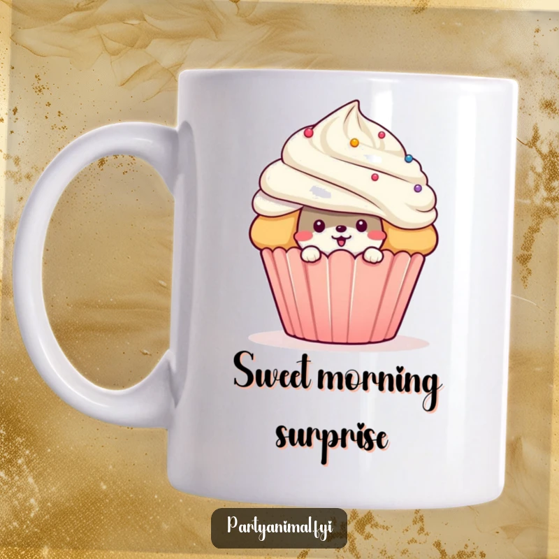 Funny mischievous animal character peeking playfully from behind a giant, delicious cupcake on a mug, embodying sweet surprise.