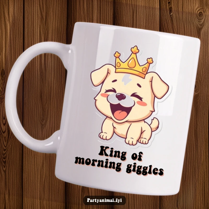 Funny mug featuring a playful puppy wearing a golden crown, head tilted back, roaring with uncontrollable laughter, radiating pure canine joy.
