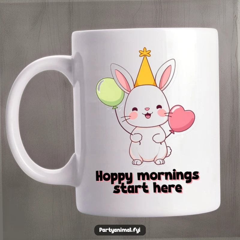 Funny mug featuring a cheerful rabbit character wearing a party hat and holding a balloon, exuding pure celebration and joy.