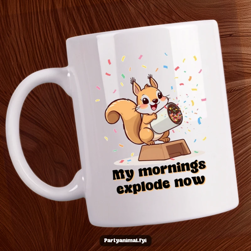 Funny playful squirrel launching from a giant confetti cannon on a mug, capturing energetic chaos and excitement, a great funny gift.