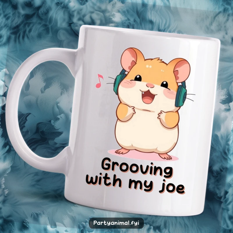 Funny Mug showing a joyful hamster wearing tiny headphones, bopping its head to music, radiating pure happiness and a love for tunes.