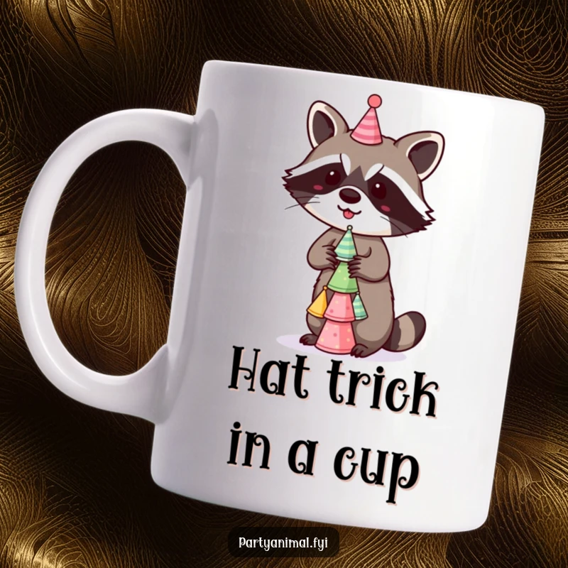 Funny Mug showing a mischievous raccoon skillfully balancing a precarious stack of tiny, colorful party hats with a playful glint in its eye.