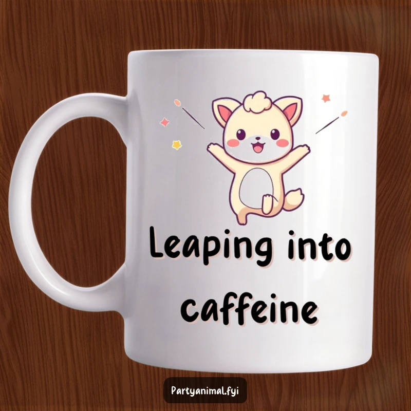 Funny mug depicting a lively animal character leaping joyfully amidst a whimsical swirl of colorful, flying streamers.