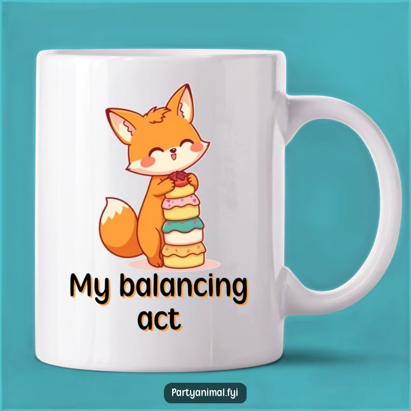 Funny Fox Baker Mug: Adorable Orange Fox Balancing Cake Stack, Perfect Gift