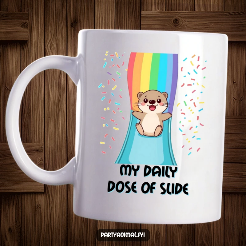 Funny mug featuring a joyful otter character gleefully sliding down a colorful rainbow slide adorned with confetti, celebrating pure happiness.
