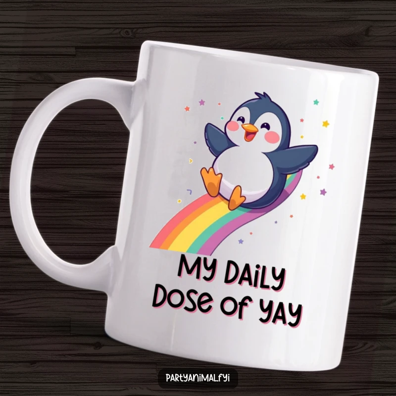 Funny gleeful penguin sliding down a vibrant rainbow with a trail of confetti on a mug, evoking pure happiness, a great funny gift.