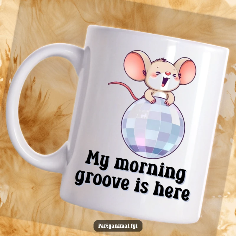 Funny mug with a tiny, ecstatic mouse character joyfully riding a sparkling disco ball, captured mid-party.