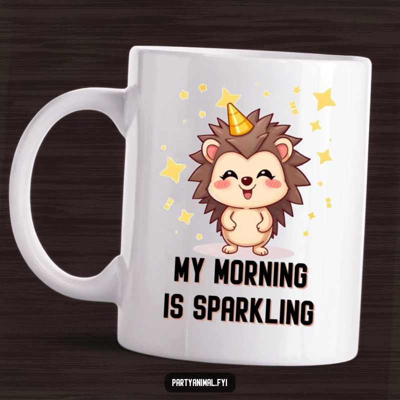 Funny mug featuring a joyful hedgehog character surrounded by twinkling, shimmering party stars, radiating pure happiness and celebratory cheer.