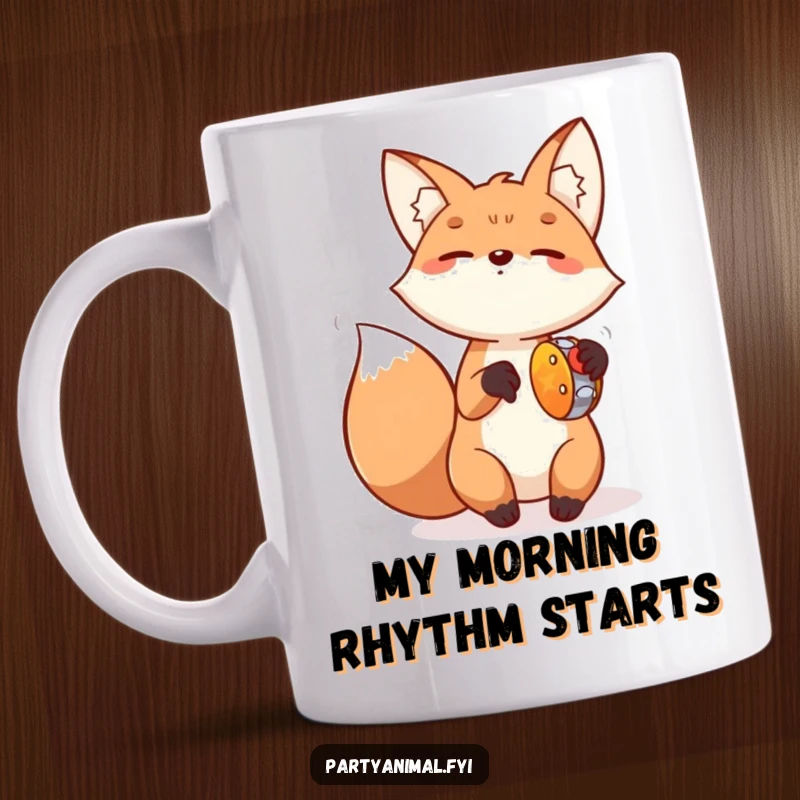 Funny Fox Tambourine Mug: A gleeful fox joyfully plays a small tambourine with wild, happy paw movements, radiating pure, unadulterated silliness.