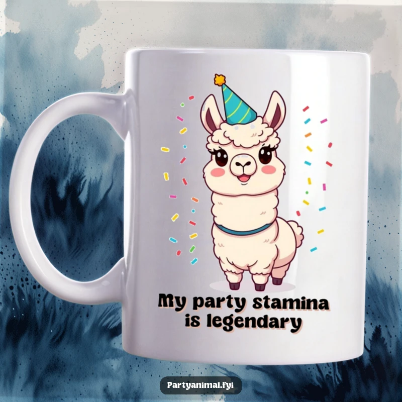 Funny llama mug sporting a party hat, joyfully juggling vibrant confetti, embodying pure celebration and fun.