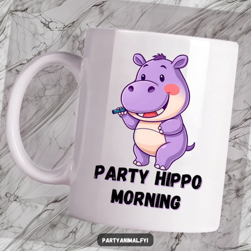 Funny Mug featuring a purple hippo character happily twirling a noisemaker with a wide, celebratory smile.