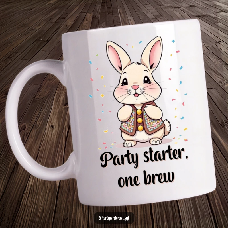 Funny Mug featuring a sequined rabbit blowing confetti with intense focus, ready to celebrate any occasion with a cheerful party vibe.