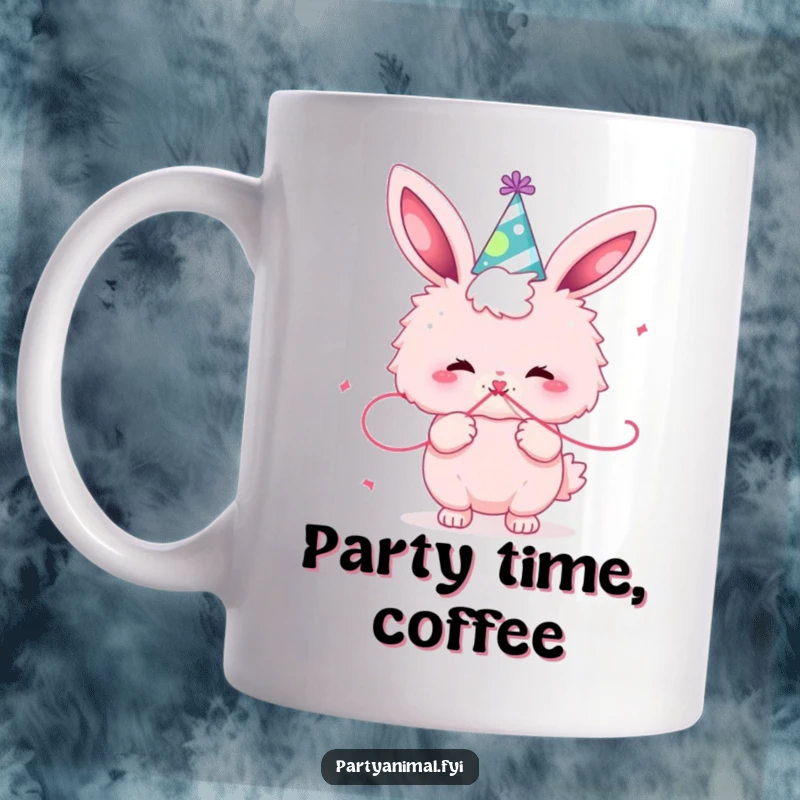Funny fluffy pink bunny character wearing a party hat, happily blowing a streamer, embodying pure festive joy.